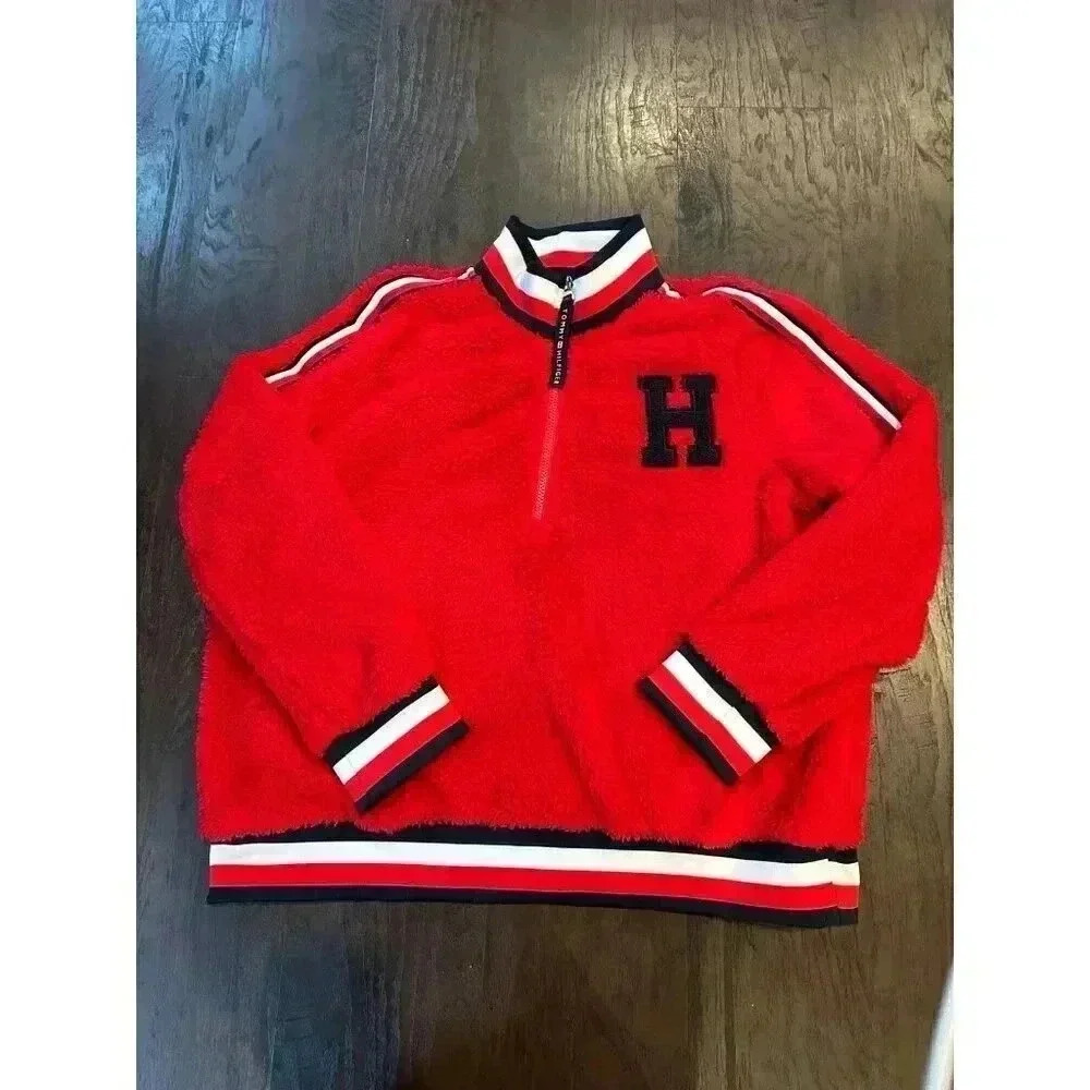 Tommy Hilfiger Women's Striped Trim Sherpa Sweatshirt, Red, size xl